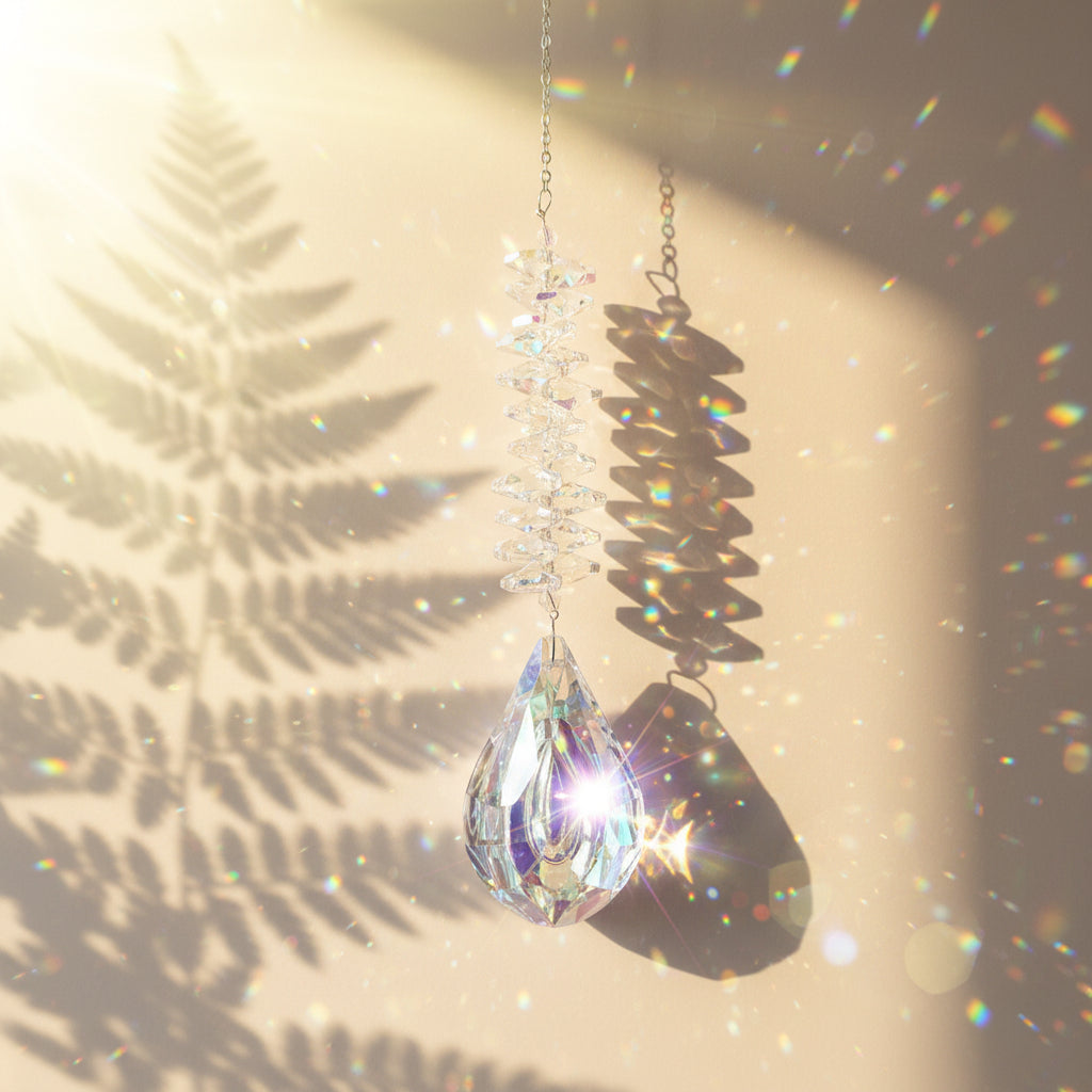 Attrape-soleil Andromaque One2K – pendentif larme en cristal K9 effet AB transparent avec spirale irisée, reflets arc-en-ciel sur fond sable doré
