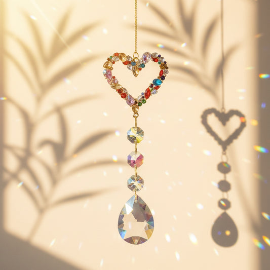 Attrape-soleil Cléopâtre One2K – cœur doré serti de gemmes multicolores avec pendentif larme en cristal K9 effet AB, reflets arc-en-ciel sur fond sable doré
