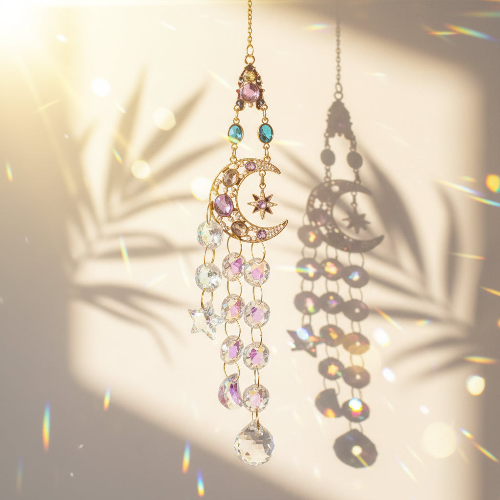 Attrape-soleil Shéhérazade One2K – pendentif lune dorée serti de gemmes violet et bleu avec cascade de cristaux K9 effet AB, reflets arc-en-ciel sur fond sable
