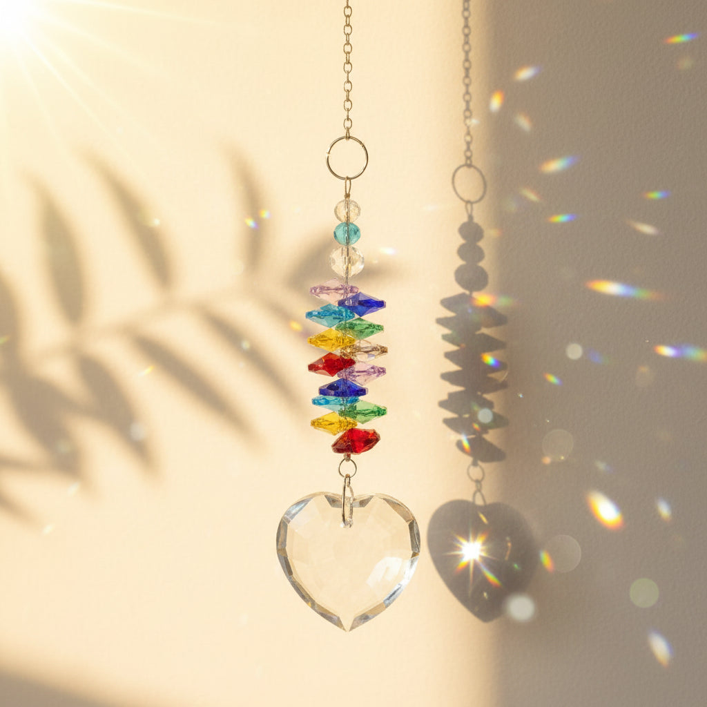 Attrape-soleil Sissi One2K – spirale de cristaux K9 multicolores chakra avec pendentif cœur en cristal K9 transparent, reflets arc-en-ciel sur fond sable doré
