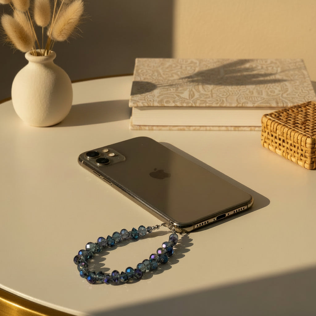 Dragonne poignet téléphone 2-en-1 Éclat Boréal reflets azur One2K – situation d'usage accroché à un smartphone noir posé sur une table, bracelet dragonne cristal effet AB aux reflets azur scintillants
