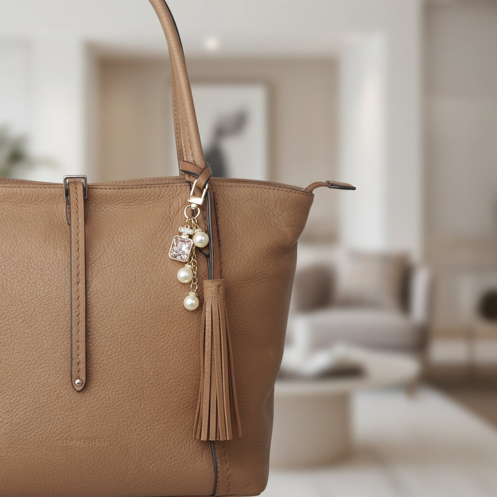 Bijou de sac téléphone 3-en-1 Élixir Rose One2K – situation d'usage accroché à un sac cabas en cuir camel avec pompon, flacon strass doré cristal rose et perles nacrées
