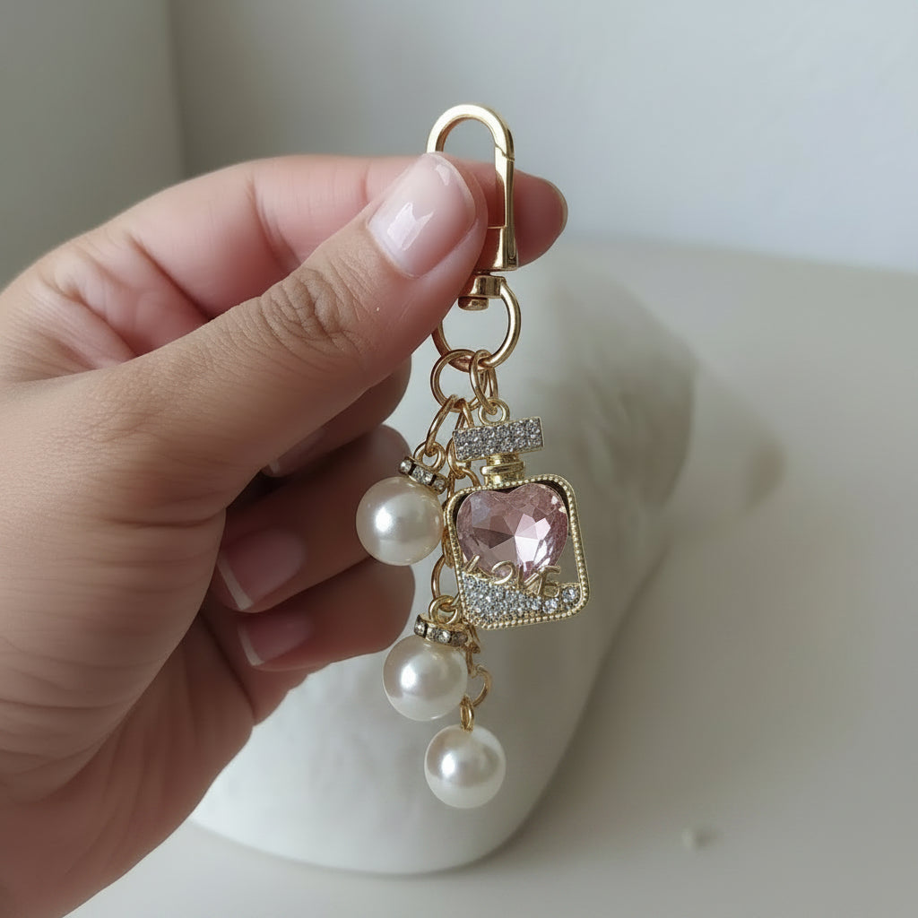 Bijou de sac téléphone 3-en-1 Élixir Rose One2K – photo dimensions tenu en main devant une plante verte en pot blanc, flacon strass doré cristal rose LOVE et perles nacrées
