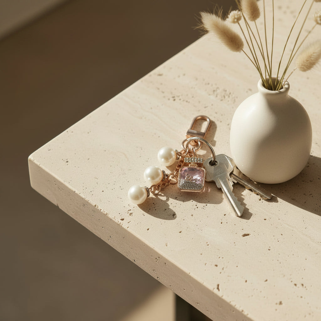 Bijou porte-clés Élixir Rose One2K utilisé comme porte-clés – flacon de parfum doré serti de strass avec cristal rose taillé en forme de coeur, chainette ornée de perles nacrées blanches, accroché à un trousseau de clés posé sur une surface en pierre beige, petit vase blanc avec herbes de pampa en arrière-plan