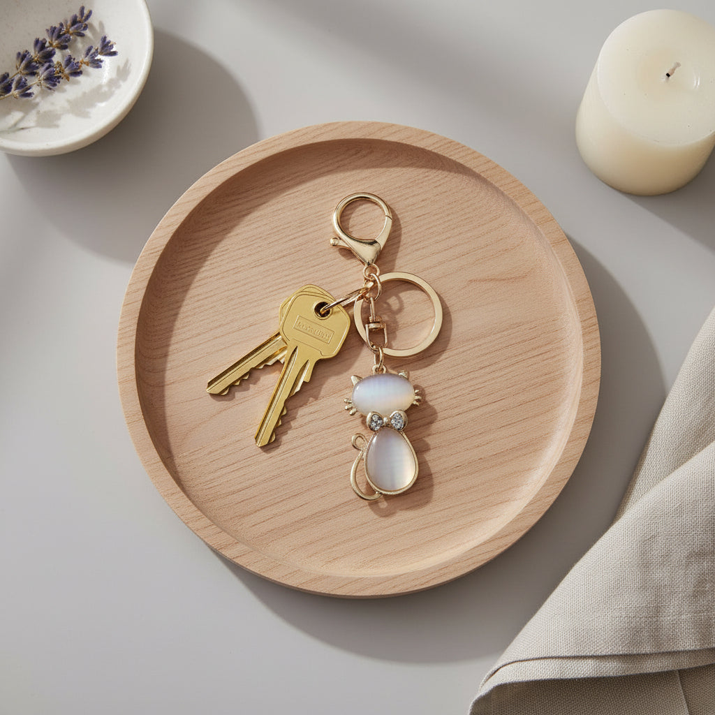 Bijou porte-clés Félin Poudré One2K utilisé comme porte-clés – chat en émail nacré blanc et contours dorés avec nœud strass, accroché à un trousseau de clés posé sur une coupelle en bois