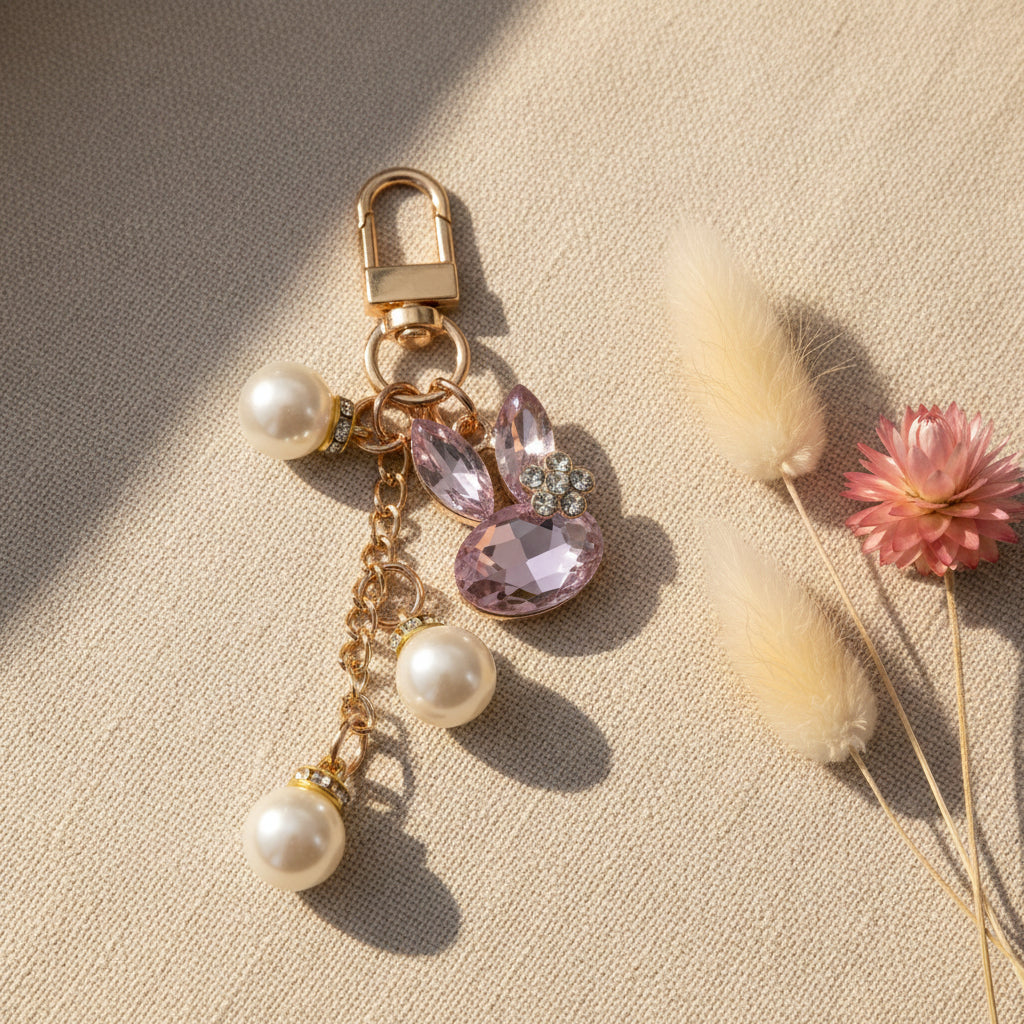 Bijou de sac téléphone 3-en-1 Lapin de Cristal One2K – photo ambiance sur tissu beige avec fleurs séchées crème et rose, lapin cristal rose, perles nacrées et chaîne dorée
