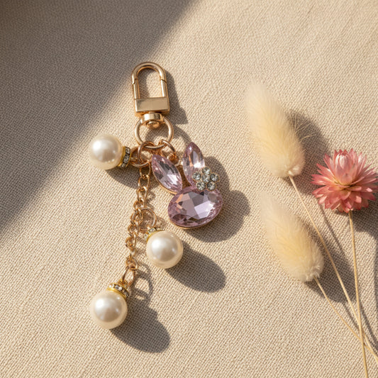 Bijou de sac téléphone 3-en-1 Lapin de Cristal One2K – photo ambiance sur tissu beige avec fleurs séchées crème et rose, lapin cristal rose, perles nacrées et chaîne dorée
