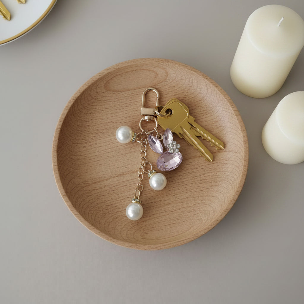 Bijou porte-clés Lapin de Cristal One2K utilisé comme porte-clés – lapin formé de cristaux rose et marquise transparents avec strass, chainette dorée ornée de perles nacrées blanches, accroché à un trousseau de clés posé sur un plateau en bois, bougies blanches en arrière-plan