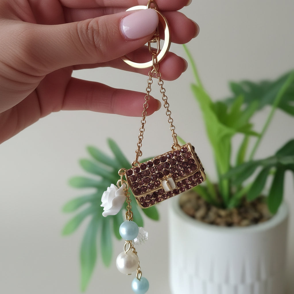 Bijou de sac téléphone 3-en-1 Mini Sac Pourpre One2K – photo dimensions tenu en main devant une plante verte, mini sac strass pourpre avec perles et fleur blanche