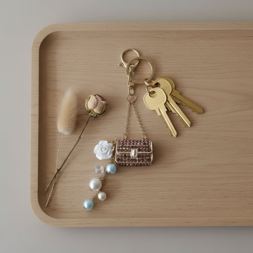 Bijou porte-clés Mini Sac Pourpre One2K utilisé comme porte-clés – mini sac recouvert de strass pourpres, chaîne dorée, rose blanche en nacre et perles bleues et nacrées, accroché à un trousseau de clés posé sur un plateau en bois avec une rose séchée