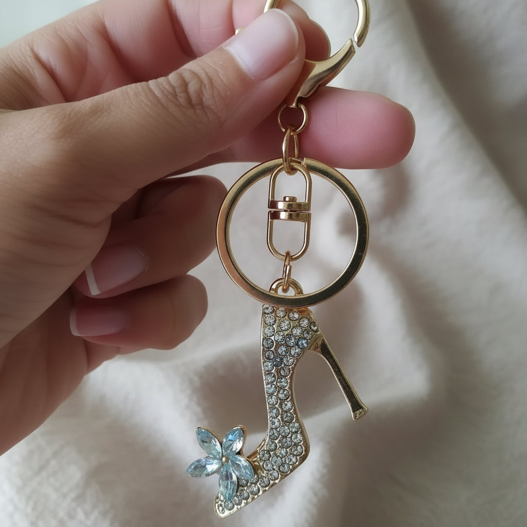 Bijou de sac téléphone 3-en-1 Soulier de Cristal One2K – photo dimensions tenu en main devant un pot blanc, escarpin strass doré avec fleur cristal
