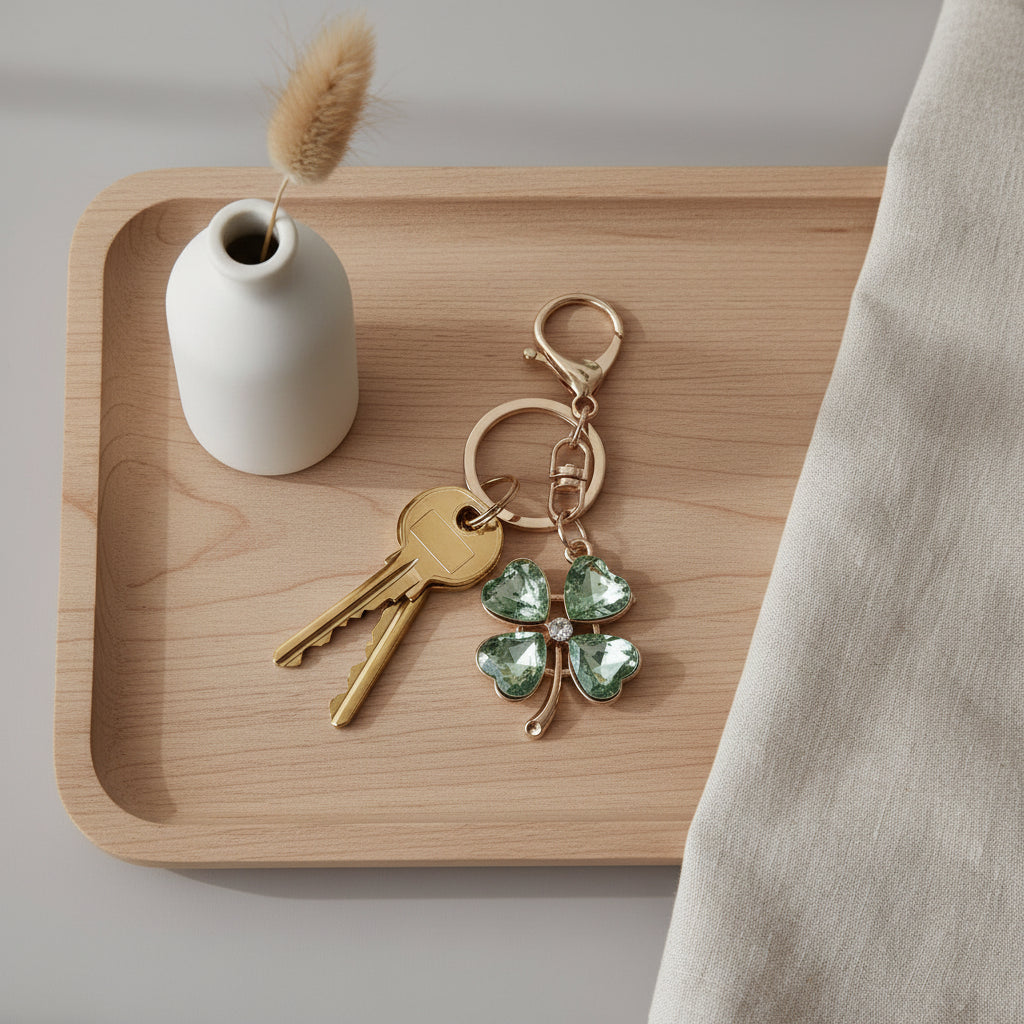 Bijou porte-clés Trèfle Émeraude One2K utilisé comme porte-clés – trèfle à quatre feuilles en cristal vert facetté et cœur cristal blanc, finitions dorées, accroché à un trousseau de clés posé sur un plateau en bois