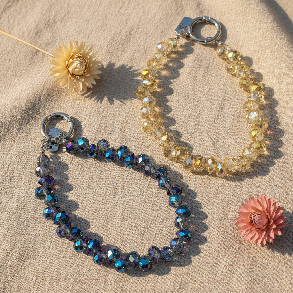 Bijou 2-en-1 Dragonne de Poignet & Bijou de Sac Éclat Boréal One2K – vue présentation des deux variantes reflets azur et reflets solaires sur tissu lin avec fleurs séchées, perles de cristal facettées aux reflets irisés dorés et transparents, fermoir anneau argenté
