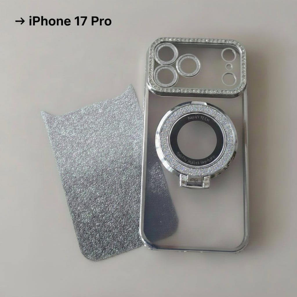 Coque iPhone 17 Pro Cristal Chic argent One2K – vue présentation avec film amovible argenté scintillant

