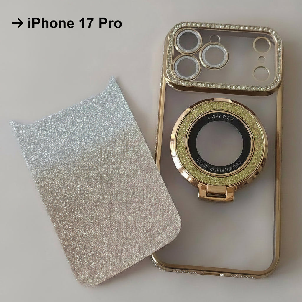 Coque iPhone 17 Pro Cristal Chic or One2K – vue présentation avec film amovible or scintillant

