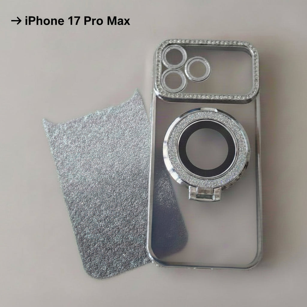 Coque iPhone 17 Pro Max Cristal Chic Argent Pur One2K – vue de présentation, transparence cristalline et anneau support intégré - pour iPhone 17 Pro Max
