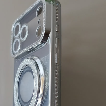 Coque iPhone 17 Pro Max Cristal Chic Argent Pur One2K – vue de côté, profil fin avec strass et contours métallisés argent
