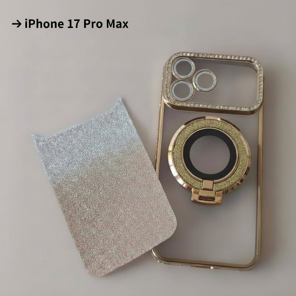 Coque iPhone 17 Pro Max Cristal Chic Or Solaire One2K – vue de présentation, contours dorés métallisés et anneau support - pour iPhone 17 Pro Max