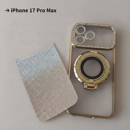 Coque iPhone 17 Pro Max Cristal Chic Or Solaire One2K – vue de présentation, contours dorés métallisés et anneau support - pour iPhone 17 Pro Max