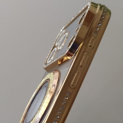 Coque iPhone 17 Pro Max Cristal Chic Or Solaire One2K – vue de côté, profil fin et contours métallisés dorés avec strass
